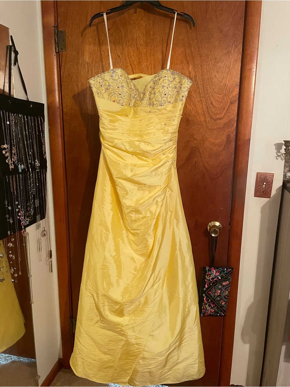 Yellow Beaded Strapless Prom Dress